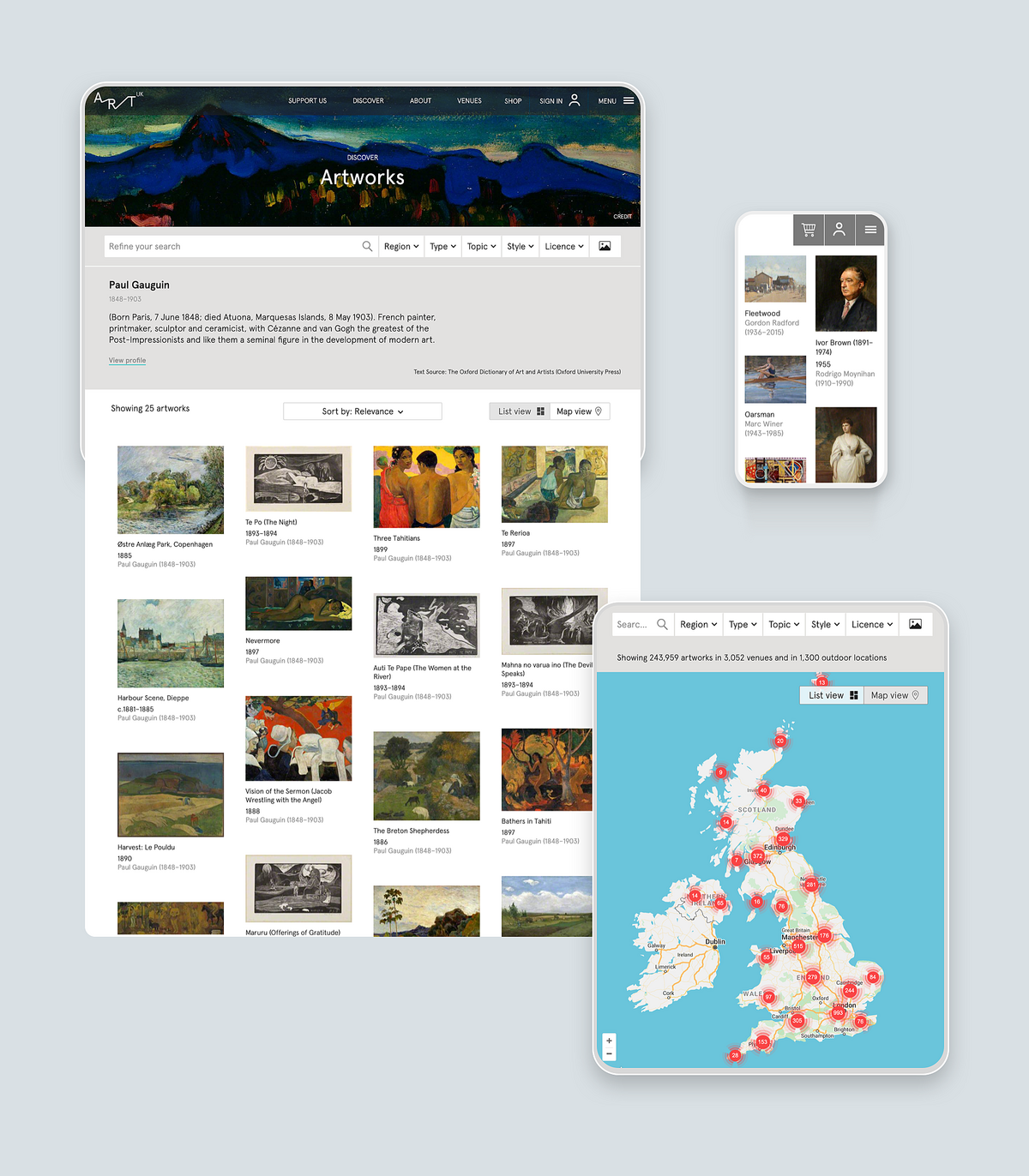 Image of the Discover page and features on the Art UK website, for both mobile and desktop.