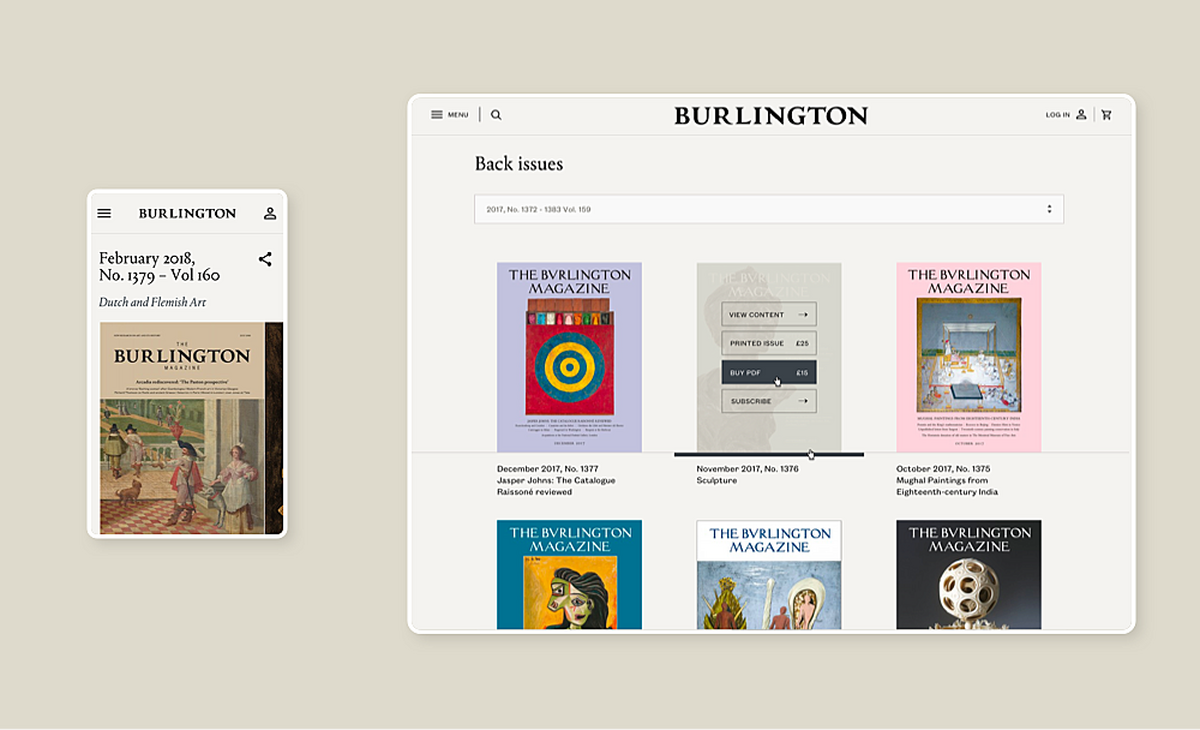 Image of the Burlington Magazine website on both Mobile and desktop.