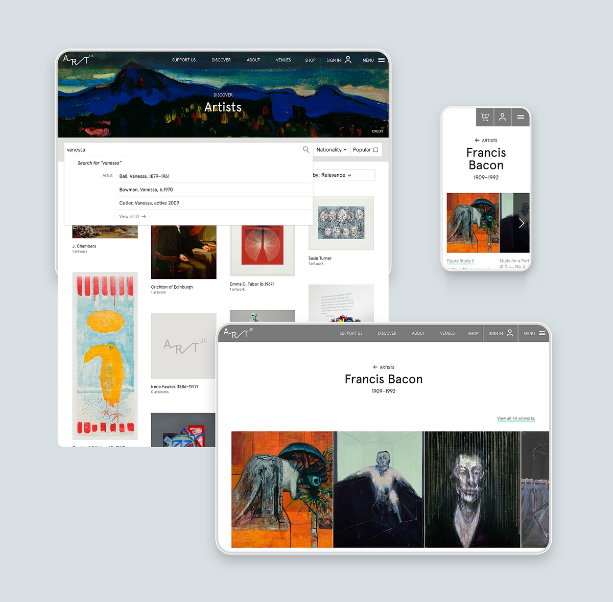 Image of the discover page and features on, Art UK for both mobile and desktop.