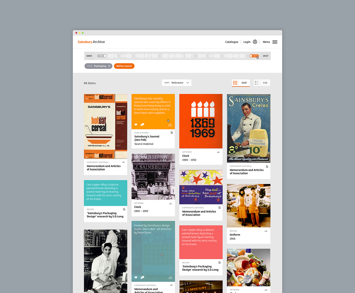 Image of the Timeline filter and hierarchy exploration on the Sainsbury Archive website.