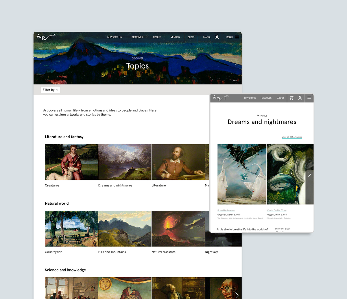 Image of the Discover Topics section and features on the Art UK website.