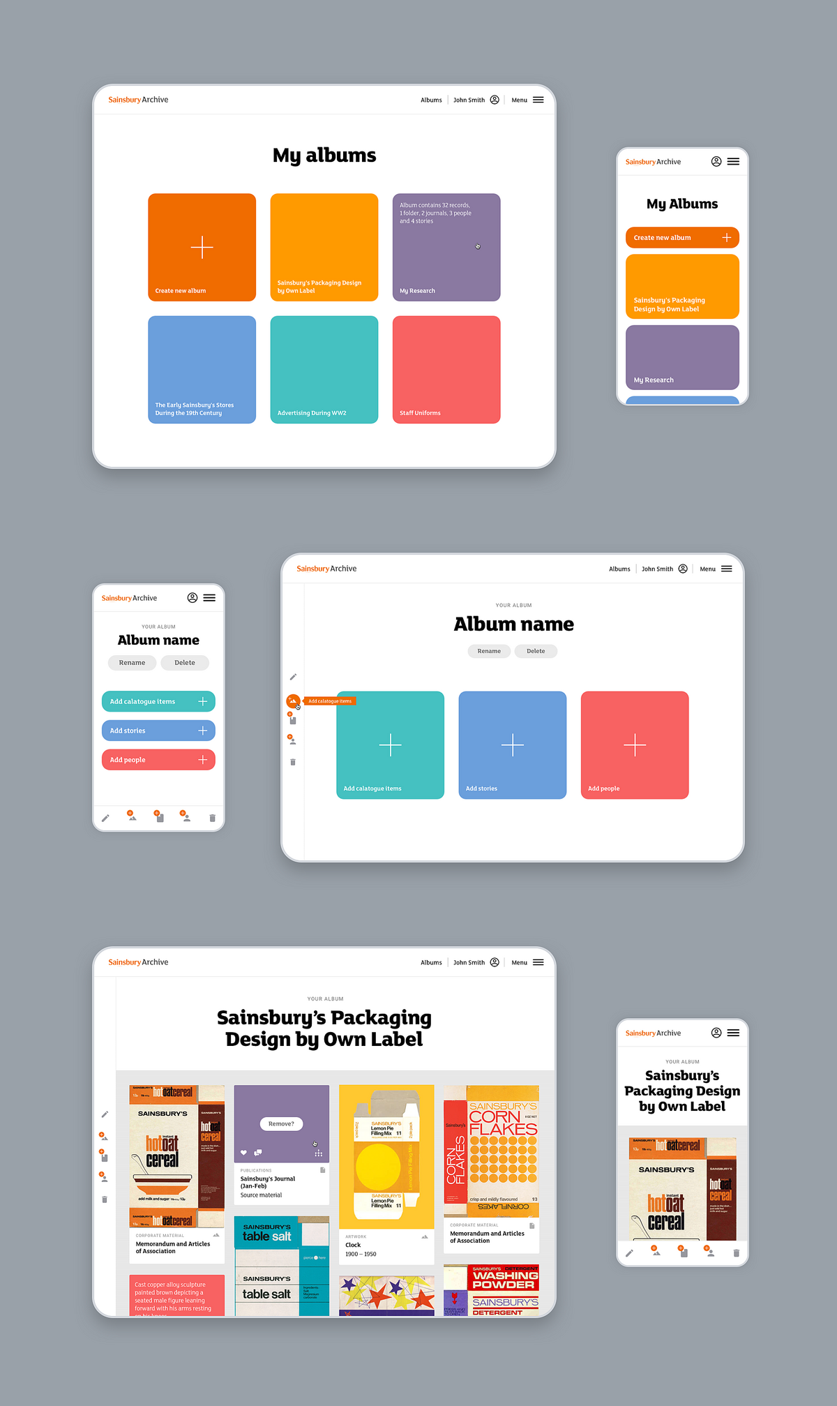 Image of user account features on several desktop and mobile views, for the Sainsbury Archive website.