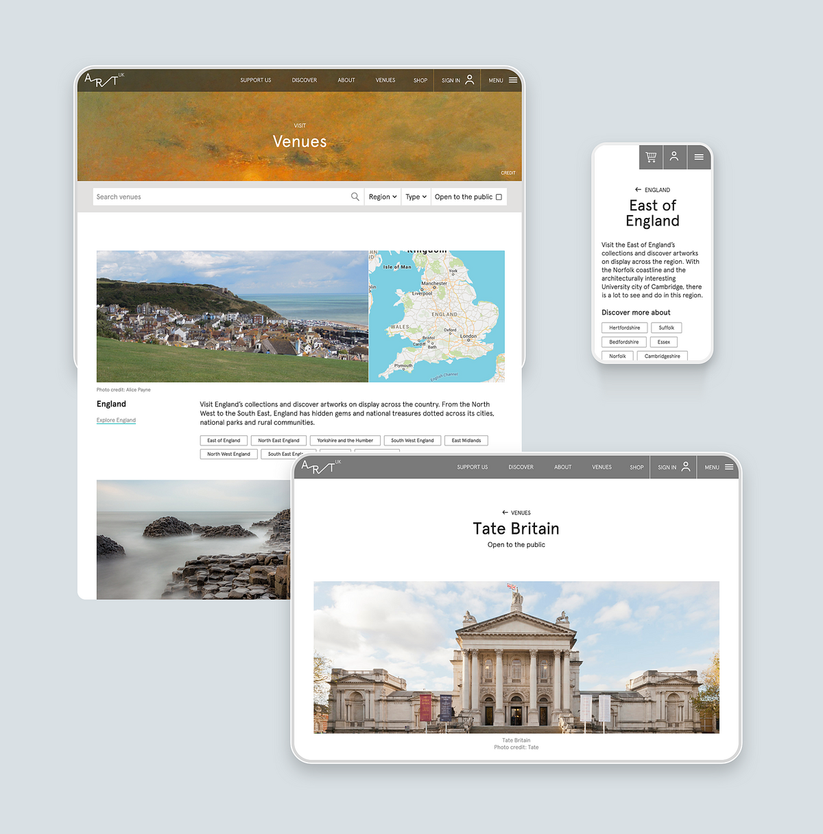 Image of the Visit Venues page and features on the Art UK website for both mobile and desktop.