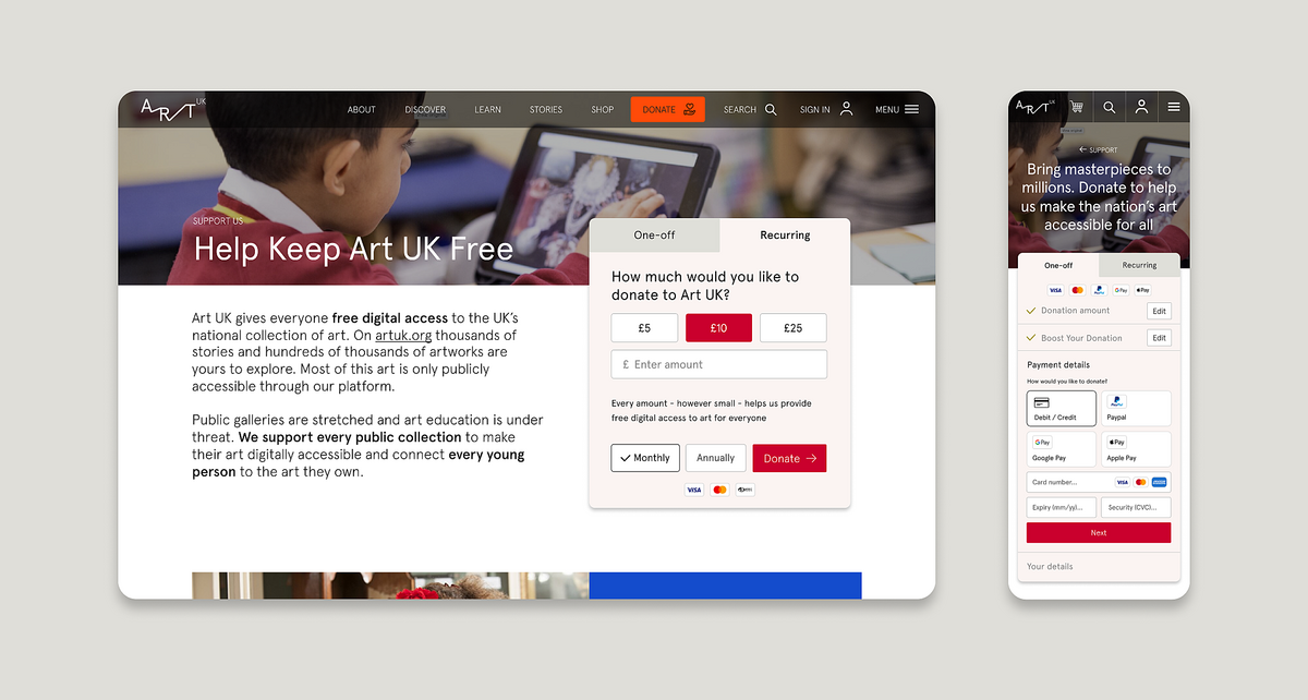 Image of Art UK's Donation page on desktop website and donate form on mobile website.